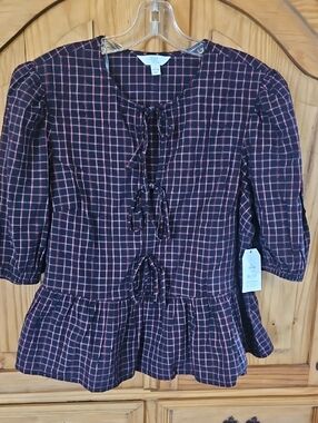 Time and Tru Black Top with Red Windowpane Peplum and Front Ties